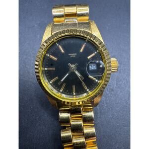 Vtg Swanson Men's Watch Round Date Black Dial Gold Tone Bracelet Band 25mm
